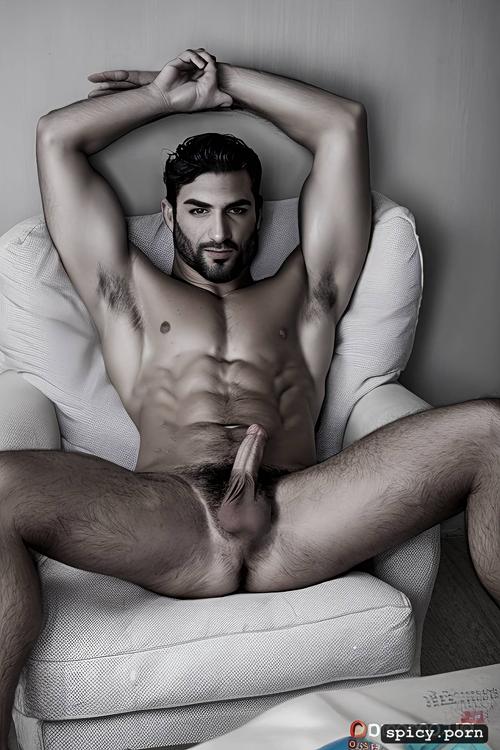 he is sitting on a chair, hairy athletic body, one alone naked athletic italian man
