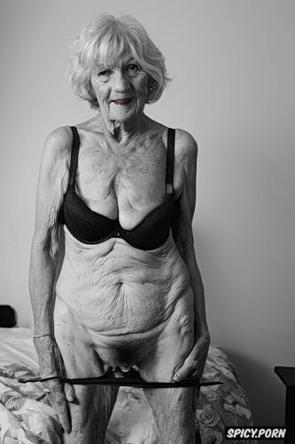 white pubic hair, standing, thin ninety year old woman, bedroom