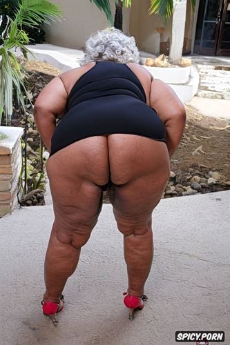 short curly hair, obese loose butts popping out, loose skin layers fupa