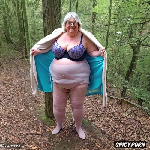 obese retarded, pantyhose, on the forest, topless, standing