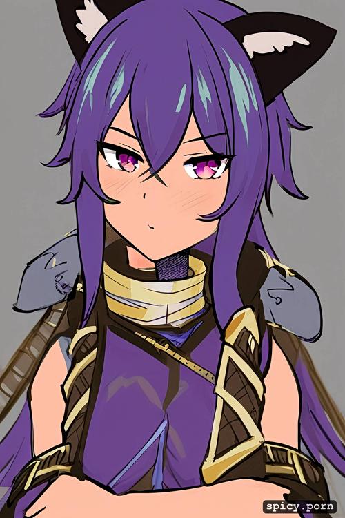 blue purple hair and golden eyes, two cat tails and cat ears