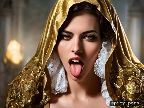 in church, pregnant, open mouth, lustful face expression, catholic virgin mary is seductive whore