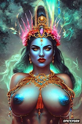 magical bokeh dust, teal body, blue skined goddess kali, cameltoa