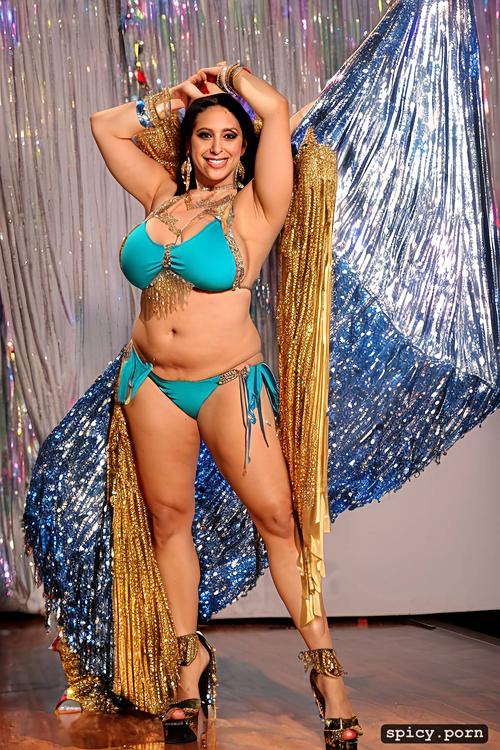 color photo, 37 yo beautiful thick american bellydancer, huge hanging boobs