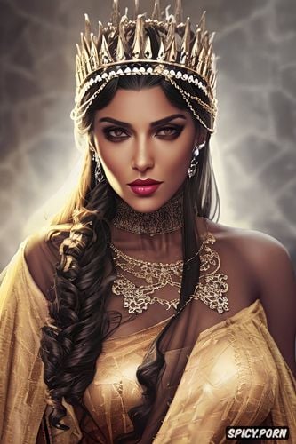 beautiful, concept art, large dark brown eyes, diadem, sultry smirk