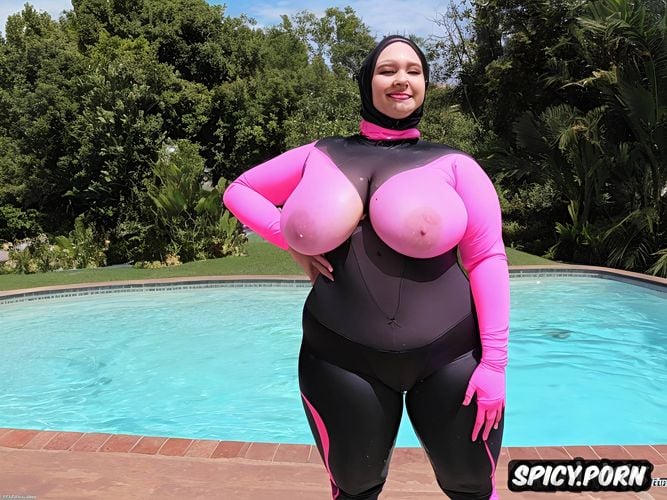 tight, tight spandex suit, fat romanian whore with fat face and fat body wearing hijab spandex and walking near the beach