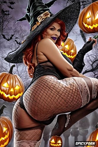 macromastia, thick legs, witch, 70 years old, halloween, huge oval nipples