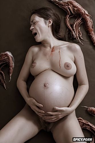 pregnant from horror xenomorph, lie on your back, young russian gives birth to horror egg