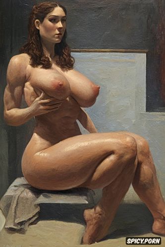 transexual, muscular arms, ciaro scuro caravaggio oil, light and shadow