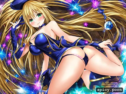 misakura aoi yu gi oh yu gi oh duel monsters dark magician woman highres 1girl all fours bare shoulders blonde hair blue footwear blue headwear blush blush stickers boots breasts choker cleavage duel monster green eyes hair between eyes hat keychain large breasts long hair looking at viewer pentacle pentagram smile solo wizard hat realistic proportions