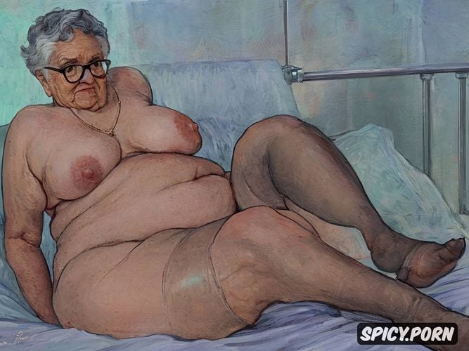 wrinkly body, big belly, naked, super obese old granny, 87yo