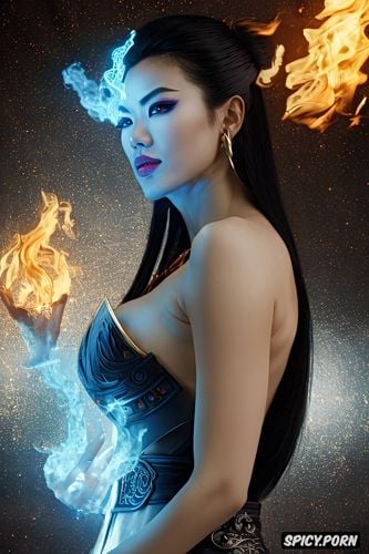 artstation, flame crown, face shot, black hair in an intricate updo