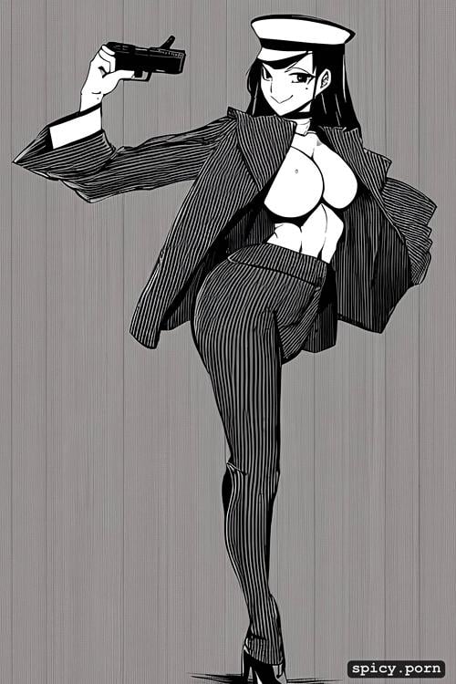 cigar smoking, pointing a gun, japanese female, dominatrix, wearing a pinstripe suit