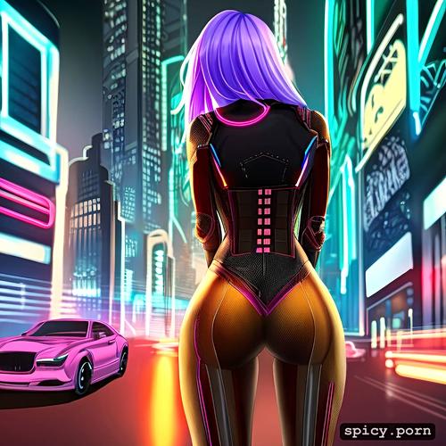 create a cyberpunk style image featuring a woman riding a motorcycle the woman should be wearing a pleated latex skirt and a racing jacket her long white hair should flow in the wind the color scheme should primarily consist of neon pink