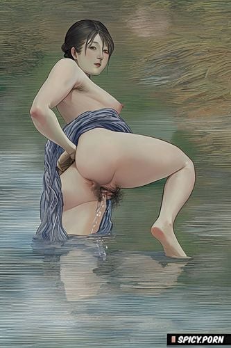 japanese nude, lifting one leg, davinci painting, impressionism monet painting