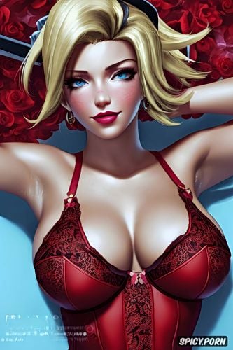 ultra realistic, red lace lingerie, high resolution, mercy overwatch beautiful face full body shot