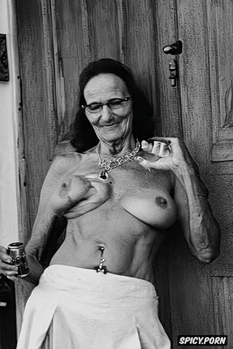 extremely skinny, extremely old grandmother, glasses, holding a bottle of beer