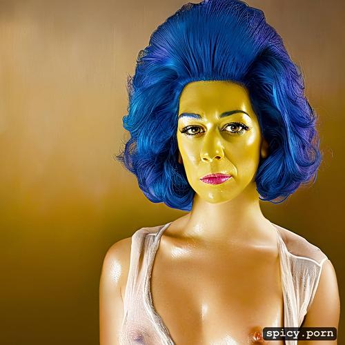 nipples visible, yellow skin, highres, blue hair, the simpsons style