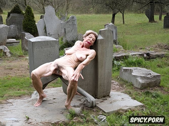 gaunt, sitting on gravestone, very hairy armpits, granny ninety