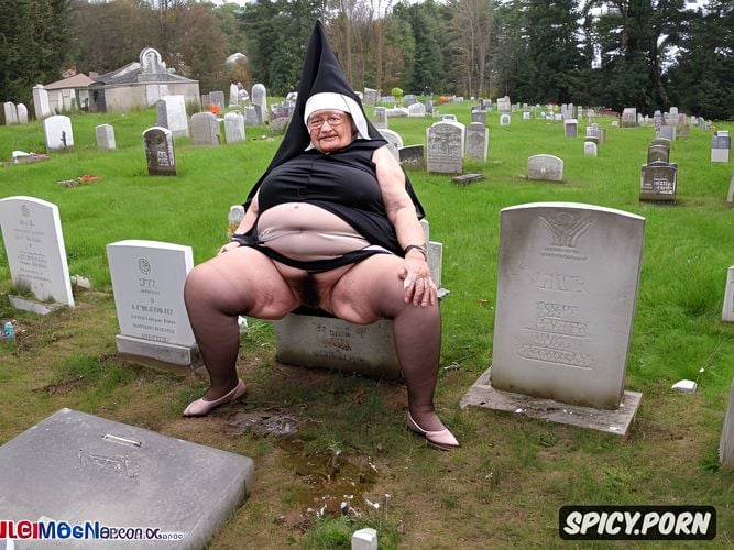 grave with headstone in a cemetery, nun dressed, fat legs, cellulite thighs 1 5