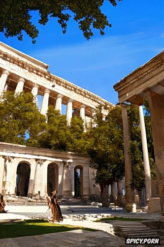 pale skin, big natural breasts, historical greek buildings in the background