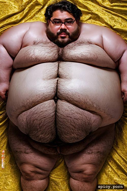 cute round face with beard and glasses, whole body, realistic very hairy big belly
