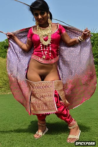 standing, at a navratri garba venue wearing traditional chaniya choli