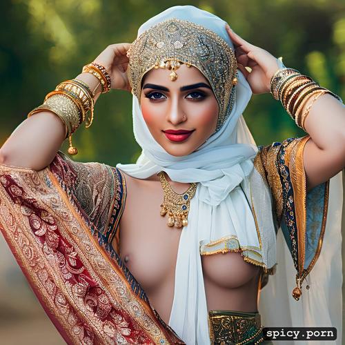 beautiful, 8k, hijab, gorgeous face, islamic ornaments, nude