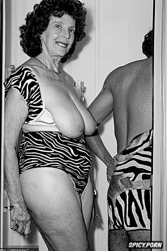 she is wearing zebra print lingerie, fair skin, old senior granny