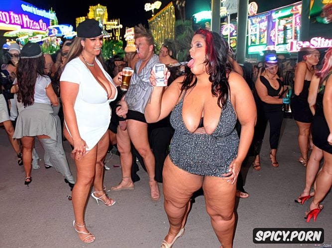 huge veiny tits, people walking by on the sidewalk, obese, nighttime outdoors on the las vegas strip