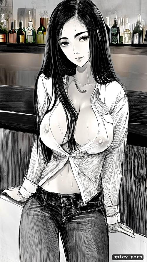 very shy, thai teen sitting in bar, white shirt and perky nipples
