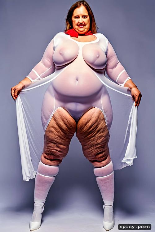 sagging belly, big bulge, a standing obese 80 yo fat woman wearing white very transparent tight bodysuit with white legs