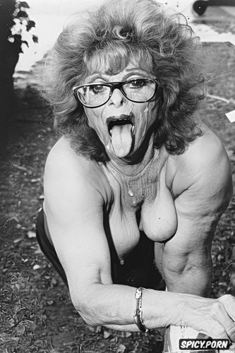 mad old prostitute, crossed eyes, wrinkled saggy boobs, massive glasses