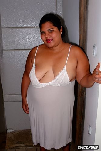small boobs, a photo of a short ssbbw mexican milf standing up in the badroom