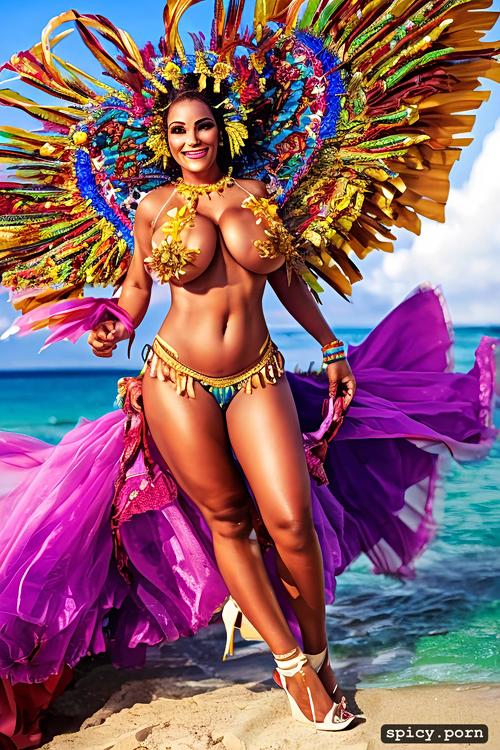 giant hanging tits, high heels, long hair, color portrait, 33 yo beautiful white caribbean carnival dancer
