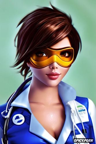 masterpiece, tracer overwatch female nurse black nurse scrubs white undershirt scrub top opened beautiful face young