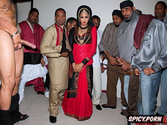 beautiful muslim teen bride wearing hijab is on the floor in between multiple black men