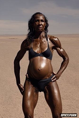 no body fat, long outward facing empty breasts1 6, squatting in a desert with legs apart