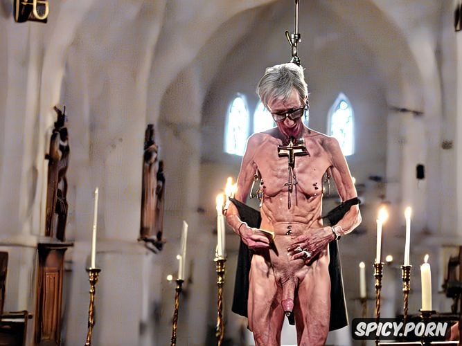 hanging wrinkly belly, candles, glasses, church, pierced nipples