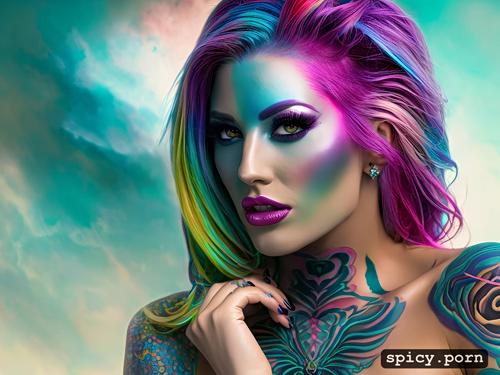 orgasm face, elegant, tattoos, intricate hair, rainbow hair