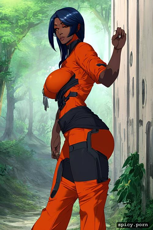 8k, orange prison uniform, nice ebony lady, big ass, fit body