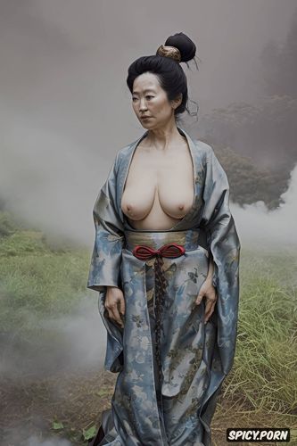 old japanese grandmother, fat hips, small perky breasts, lifting one knee