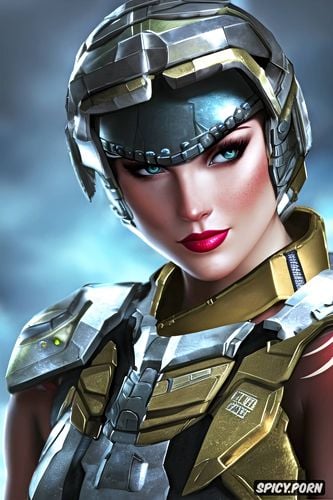 high resolution, ultra realistic, tattoos, ultra detailed, female spartan halo combat evolved beautiful face full body shot