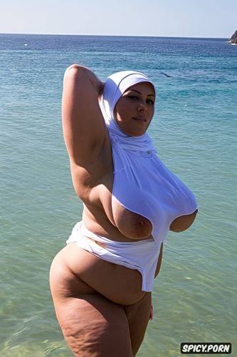 saggy, dark brown nipples, side view, bbw hijab, hijab fat woman