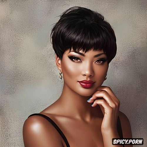 pretty face, brown eyes, naked, with outlined, short ebony hair with fringe