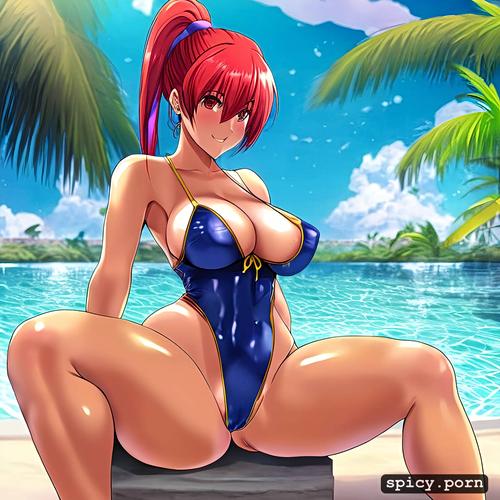 chubby, very detailed, leotard, red hair, pool, smile, hand on hip