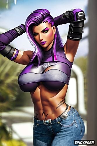 sombra overwatch topless, jeans with belt, ultra detailed, ultra realistic
