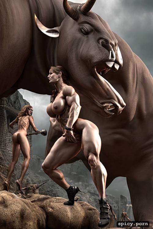 realistic, nude muscle woman vs minotaur, ultra detailed, highres