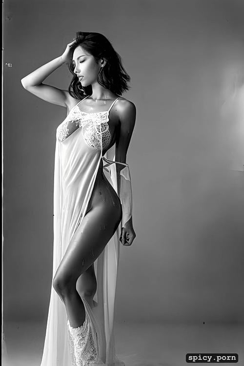 white lace nightgown wide opened erected nipples, standing up on her toes