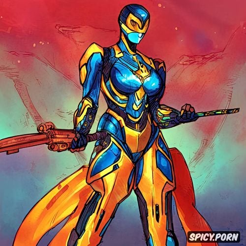 highly detailed, centered, female, key visual, mech, yellow and blue colors